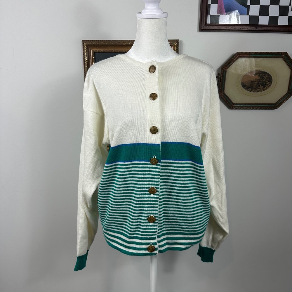 Neil Martin White and Teal Striped Cardigan with Gold Buttons - SIZE M Grandma